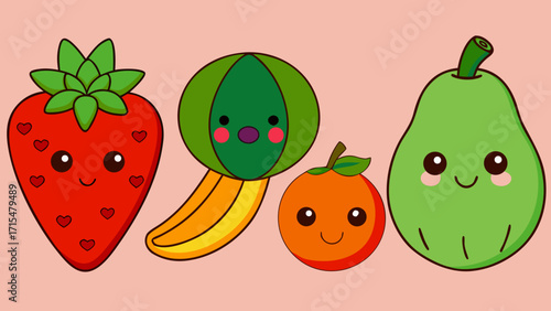 Cute kawaii fruits with happy faces on a pink background