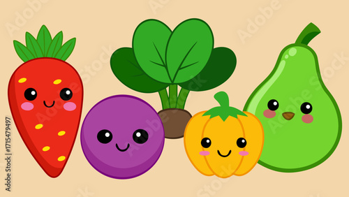 Cute kawaii fruits and vegetables with happy faces