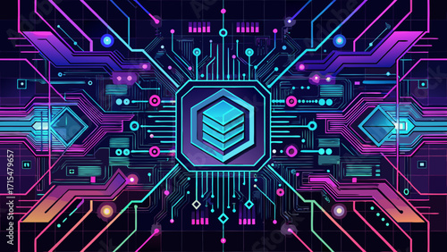 Futuristic neon circuit board with central hexagonal chip