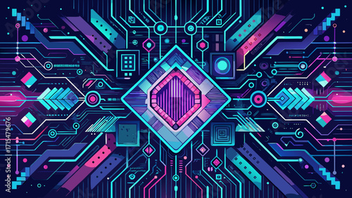Abstract neon circuit board with geometric shapes and glowing lines