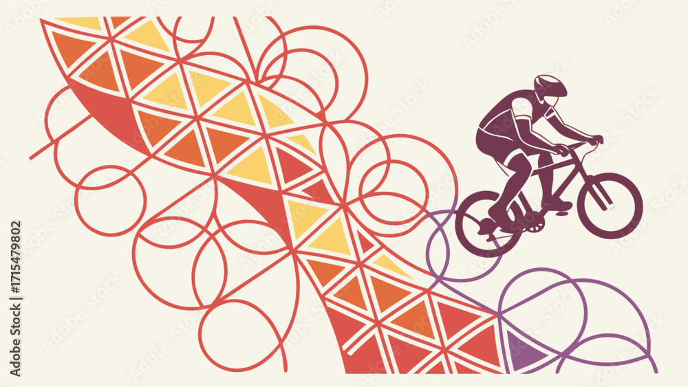Fototapeta premium Cyclist in motion with geometric and organic design elements