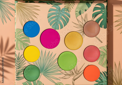 Vibrant Eyeshadow Palette with Tropical Leaves on Peach Background