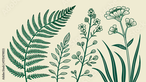 Green botanical illustration of various plants and flowers on a cream background