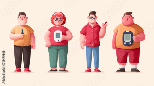 Four diverse people with diabetes checking blood sugar.
