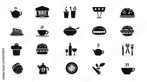 Food and Drink Icons Set Black Silhouette.