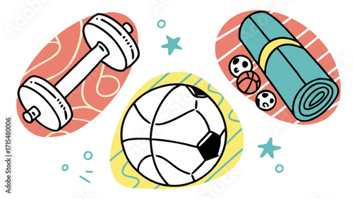 Dumbbell soccer ball yoga mat and small balls illustration