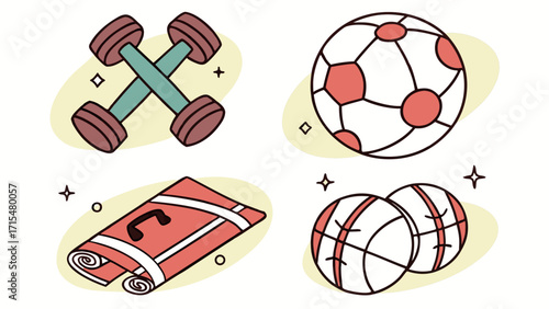 Cute sports equipment icons with dumbbells soccer ball basketballs and yoga mat