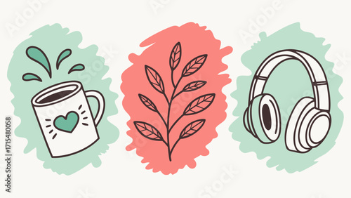 Cozy vibes coffee nature and music illustrations