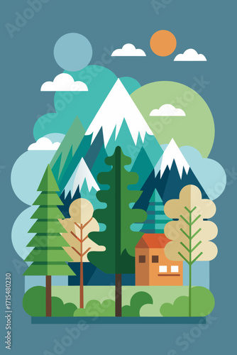 Stylized mountain landscape with cabin and trees