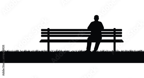 A solitary figure sits on a park bench against a bright background