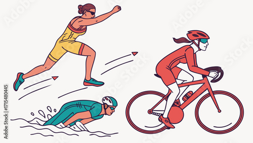 Triathlon athletes in action swimming cycling and running