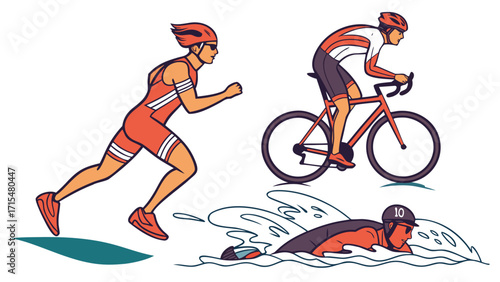 Triathlon athletes in action swimming cycling and running