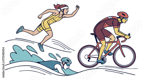 Triathlon athletes competing in swimming cycling and running events