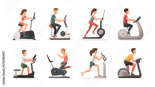 People exercising on stationary bikes at gym.