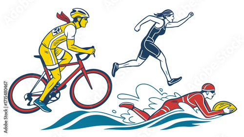 Triathlon athletes cycling running and swimming