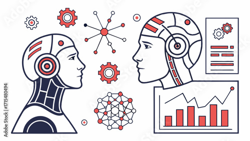 Robotic heads and data visualization representing artificial intelligence