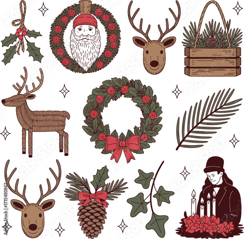 Red Christmas Silhouette Icons Set, A set of red Christmas-themed silhouette icons on a white background. The collection includes festive designs such as Christmas trees, a gingerbread man, reindeer