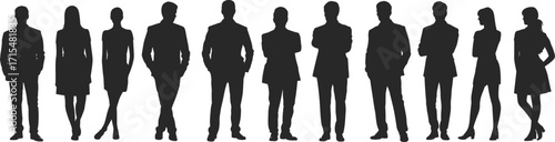 Business people silhouette, professional attire, corporate office culture, teamwork, leadership, posture, black figures, formal wear, organizational diversity