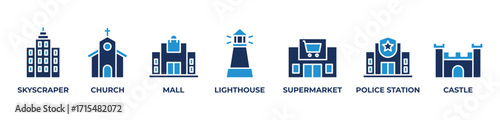 City Landmarks Icons set vector illustration blue with Skyscraper, Church, Mall, Lighthouse, Supermarket, Police station, Castle