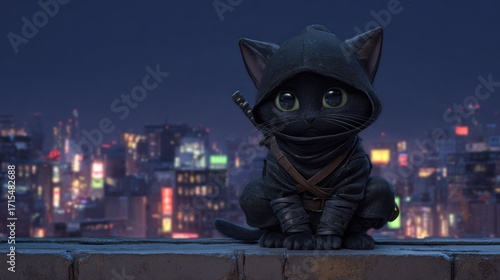 Cute black cat ninja cityscape