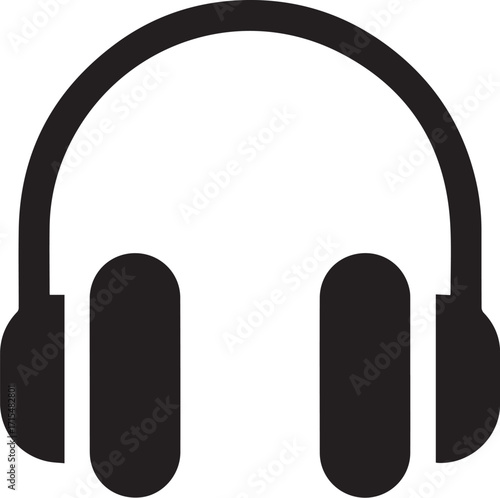 Black and white vector graphic of headphones with rounded earcups and headband.