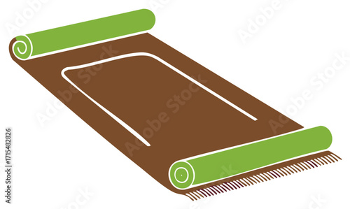 Rolled brown rug with green ends and decorative fringes, vector illustration