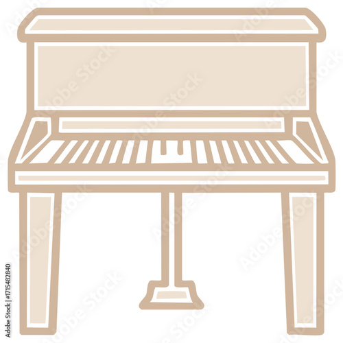 Stylized upright piano illustration featuring keys, pedal, and wooden legs
