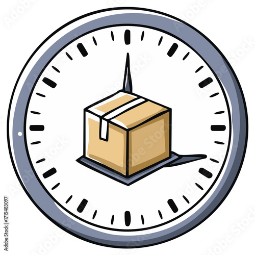 Clock with a cardboard box symbolizes timely deliveries and efficient logistics services for customers.