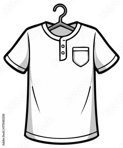 Cartoon illustration of white t-shirt with pocket and hanger.