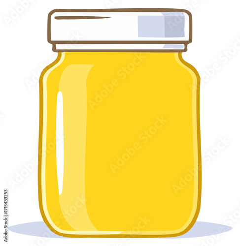 Bright yellow liquid in a clear glass jar with a white lid and brown rim