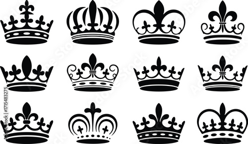 Crown icon set, royal symbol, black silhouette, decorative crown, monarchy emblem, regal design, authority, heraldic element, luxury, elegance, vintage style, noble insignia, ornate detail