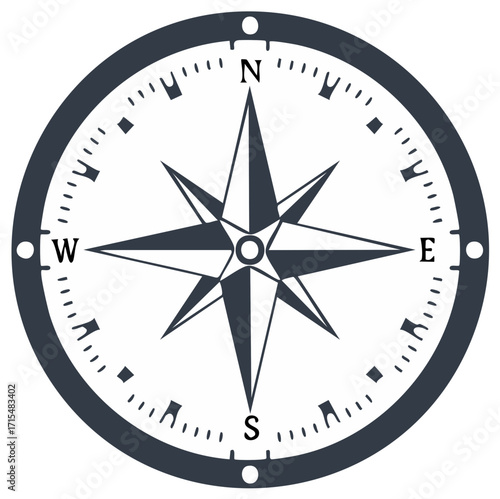 Stylish compass rose illustration with north, east, south, and west indicators for navigational designs and charting use cases.