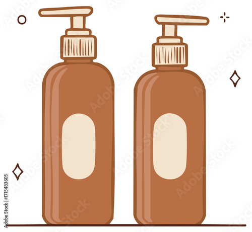 Two bottles of shampoo or lotion with pump dispensers cartoon illustration