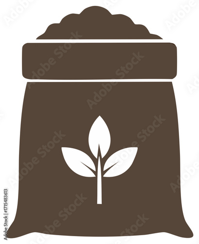 Graphic brown sack filled with fertile soil or organic fertilizer featuring a white plant sprout symbol