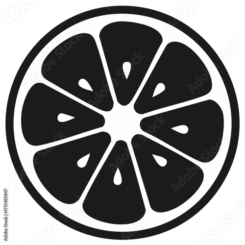 Black and White Citrus Slice Illustration Featuring Segmented Pulp and Visible Seeds