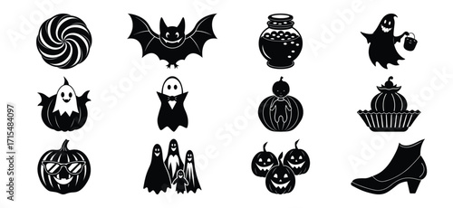 Halloween Icon Set with Bat Ghost Candy Pumpkin Witch Boot and Potion