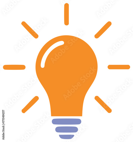 Vibrant orange lightbulb emitting rays signifying inspiration and creative thinking icon on bright white background