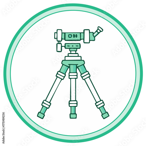 Theodolite vector icon on tripod surveying instrument in teal circle