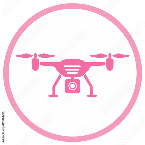 Pink drone icon inside pink circle, unmanned aerial vehicle symbol, camera, fly, copter technology