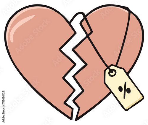 Cartoon Broken Heart Symbol Featuring Price Tag with Percentage Sign Love for Sale