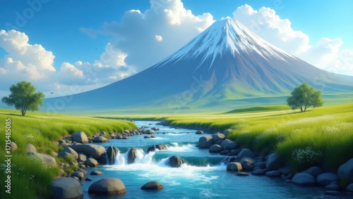 A tranquil vista unfolds, showcasing a serene mountain landscape with a babbling brook meandering through a vibrant grassy field.