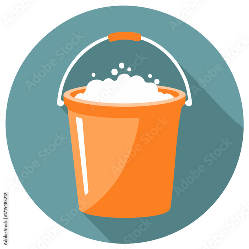 Orange cleaning bucket with soap foam and bubbles flat design icon
