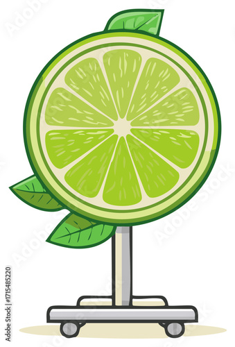 Vibrant lime citrus fruit slice cartoon on wheeled stand with fresh leaves