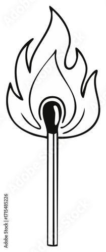 Burning match silhouette with fire flames, graphic design illustration on a white backdrop