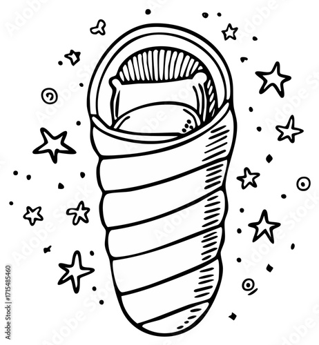 Whimsical hand-drawn illustration of a baby sleeping in a cocoon-like swaddle surrounded by stars and dots