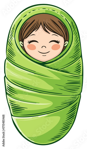 Cute smiling baby wrapped in a green swaddle blanket illustration