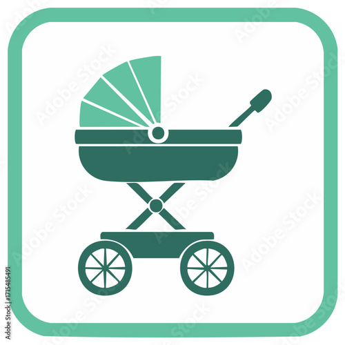 Classic baby stroller icon in green frame, symbol of childhood and parenthood, vector illustration