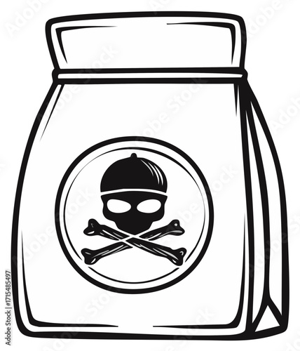 Illustrated bag with skull and crossbones icon, symbol of danger, risk, warning of poison or toxic hazards, dangerous