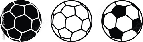 Soccer ball icon, black silhouette, sports symbol, football design, geometric pattern, athletic graphic, classic ball, outline style, game element, sport equipment, pentagon hexago