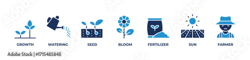Harvesting Growth Icons set vector illustration blue with Growth, Watering, Seed, Bloom, Fertilizer, Sun, Farmer